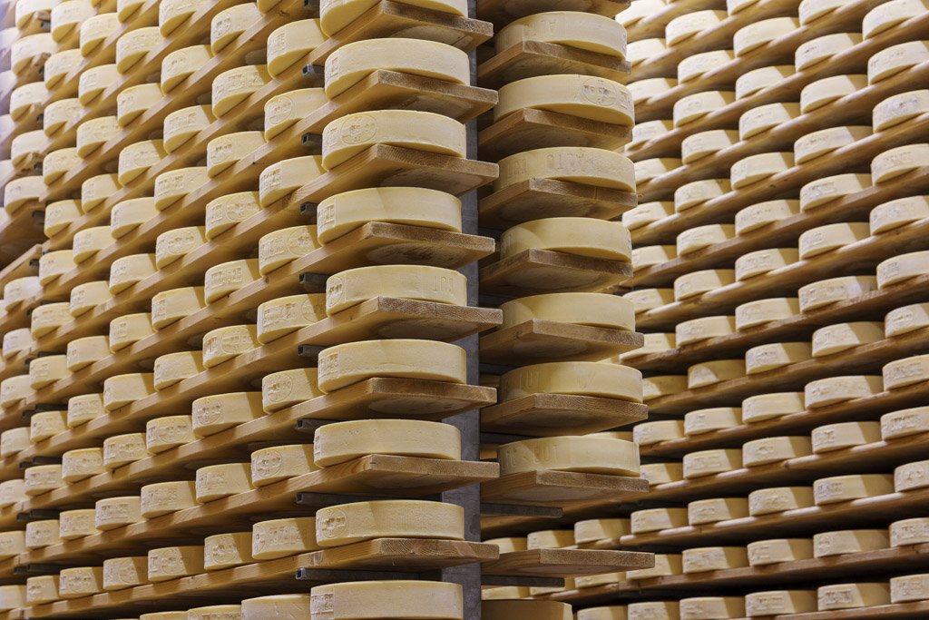 Infinite forme di formaggio al Caseificio Alto But di Sutrio.