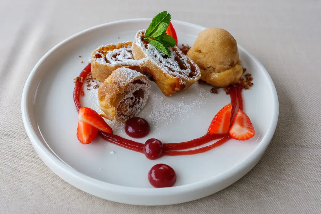 Mangiare e dormire in Dolenjska: la nostra guida tra gusto e relax autentico 15 Strudel di ciliegie con sorbetto di pera. Hiša Fink.